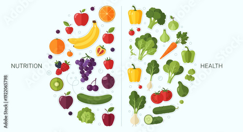 Vibrant fruit and vegetable illustrations for healthy nutrition and wellness