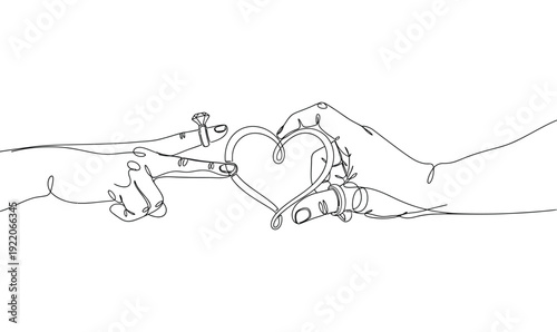 Love and Wedding Continuous Line Art
 Set – Romantic Couple, Ring and Heart Vector Collection