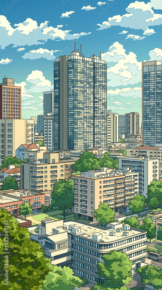 Obraz premium レトロアニメ風の都市景観イラスト、超高層ビル群と広がる夏空、迫力の入道雲、街の遠景パノラマ、背景素材、建築、街並み、スカイライン