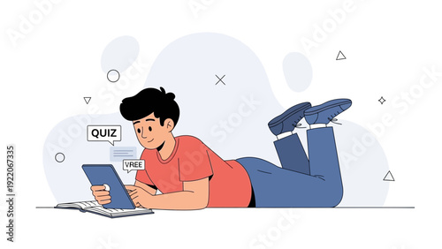 Young man taking online quiz on tablet, learning and entertainment