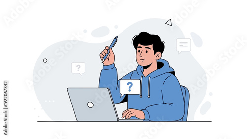 Young man thinking with pen and laptop, question marks, brainstorming, online learning, creative ideas