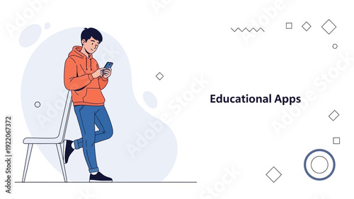 Young Man Using Smartphone for Educational Apps, Modern Lifestyle Illustration