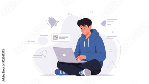 Young Man Using Laptop with Notification Icons, Online Communication Concept