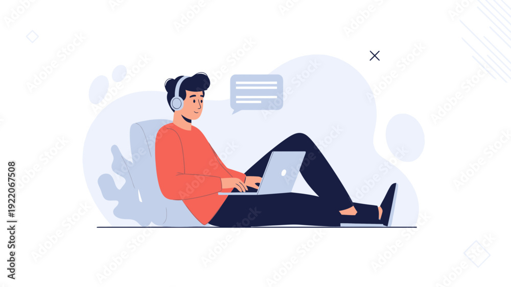 Obraz premium Young Man with Headphones Working on Laptop Relaxing at Home