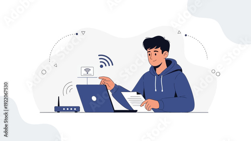 Young man with laptop and wifi router, remote work and connectivity concept