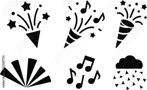 Party confetti and music silhouettes set, celebration firework icons isolated black festive symbols on white background event design