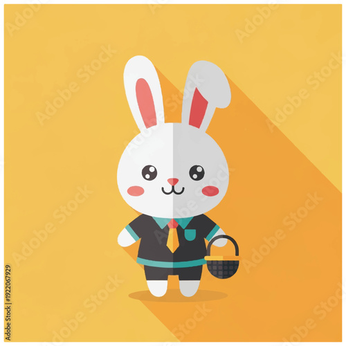 Cartoon White Rabbit with Easter Basket.