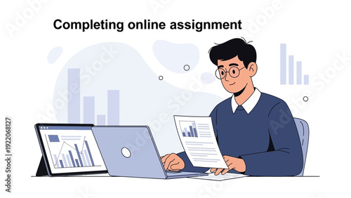 Young Man Working on Laptop, Completing Online Assignment with Graphs