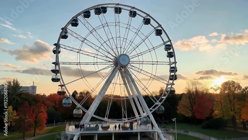 Wallpaper Mural cinematic ultra HD 4K twilight scene featuring Montreal Observation Wheel glowing against vivid autumn foliage colors as evening Torontodigital.ca