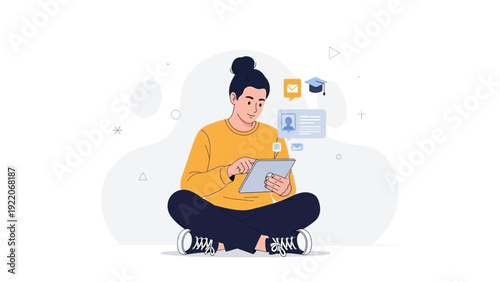 Young person using tablet for online learning, digital education concept