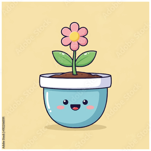 Cute Cartoon Flower Pot with Smiling Face.