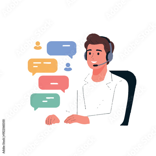 Friendly customer support agent wearing headset and chatting with clients online