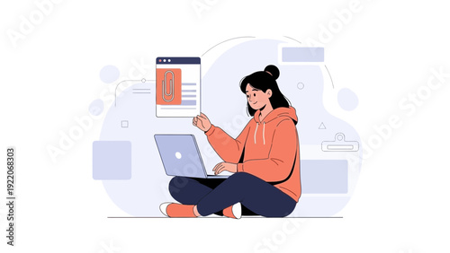 Young woman coding on laptop, abstract digital interface background, modern illustration