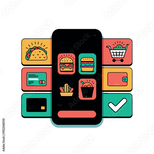 Mobile food ordering app with various menu items and payment options