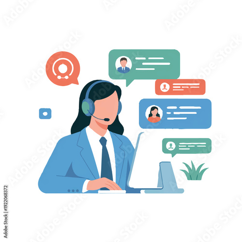 Professional customer service representative working on computer with chat bubbles