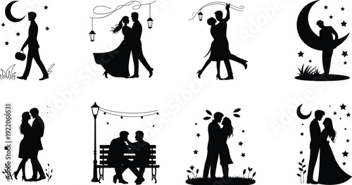 Romantic couple silhouettes under moon and lantern lights, lovers dancing kissing and sitting on bench, night love vector illustration collection