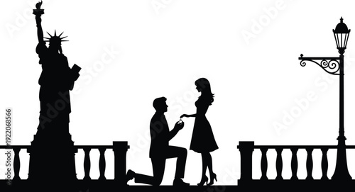 Romantic marriage proposal silhouette by Statue of Liberty, man kneeling with engagement ring to woman on balcony vector illustration isolated
