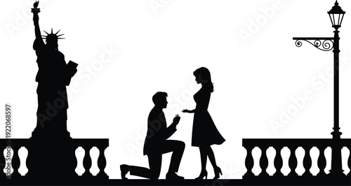 Romantic marriage proposal silhouette near Statue of Liberty, man kneeling with engagement ring to woman on city bridge vector illustration isolated