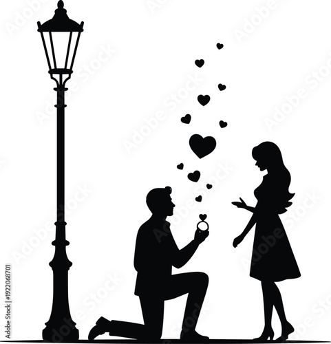 Romantic marriage proposal silhouette under vintage street lamp with floating hearts, couple engagement vector illustration isolated on white background