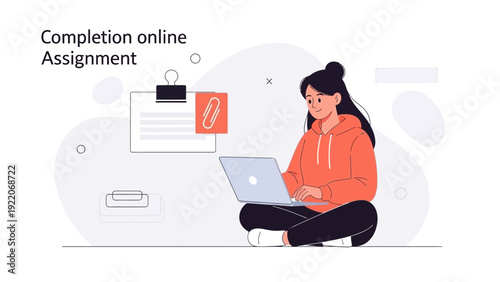 Young Woman Completing Online Assignment on Laptop, Studying Remotely