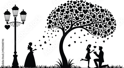 Romantic proposal silhouettes under heart shaped tree and vintage street lamp, love engagement scene vector illustration