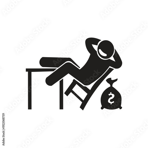 An iconic image of a person sitting relaxed with a bag of money. This silhouette illustration depicts the concepts of wealth, financial success, and financial freedom. This illustration is often used 