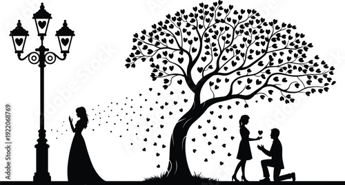 Romantic proposal silhouettes under heart tree and vintage street lamp, love confession engagement scene vector illustration