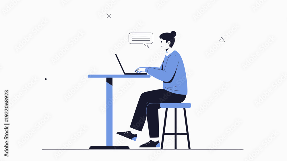 Fototapeta premium Young woman typing on laptop at modern desk, communication bubble, minimalist flat design