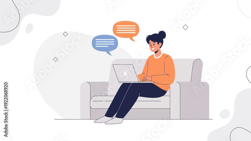 Young Woman Typing on Laptop on Sofa with Speech Bubbles - Online Communication Concept