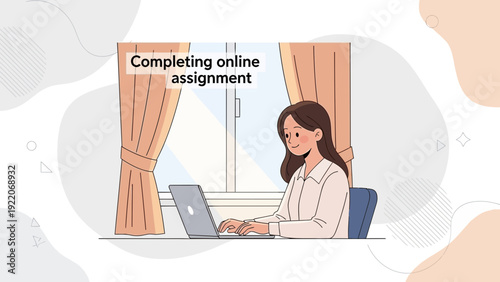 Young woman typing on laptop, completing online assignment at home, cozy room