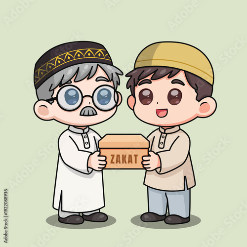 Cute Muslim Kids Giving Zakat to Elderly Muslim Illustration
