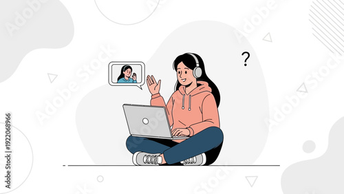 Young Woman Video Calling with Friend on Laptop, Remote Communication