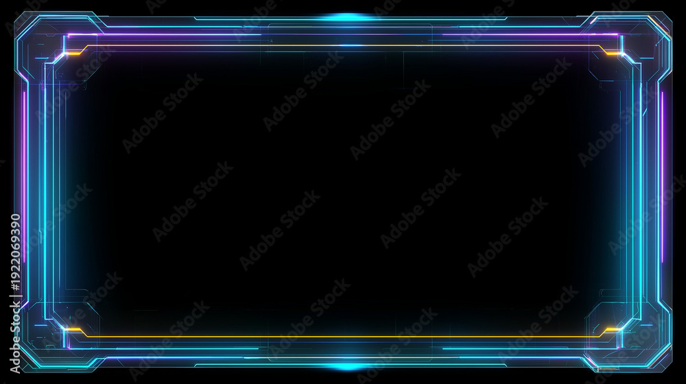 Obraz premium 暗闇に青とオレンジの精密な発光ラインが交差する近未来的なホログラムインターフェースとデジタルフレーム