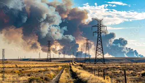 Power lines against a backdrop of smoke and clouds