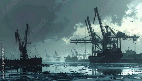 Industrial port with cranes and ships in foggy weather