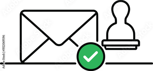 An icon depicts a completed email confirmation symbolized by an envelope next to a rubber stamp and a green checkmark.
