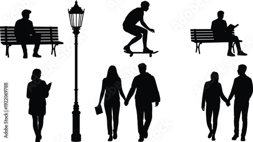 Urban park people silhouette set, city lifestyle scene with bench reader skateboarder walking couples and street lamp black vector isolated on white background