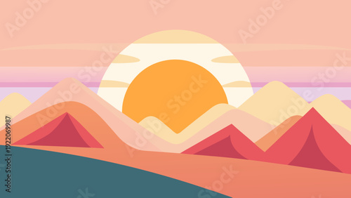 Clean vector landscape featuring sun and mountains with soft pastel gradient. Ideal for wall decor, branding visuals, and minimalist interior styling.