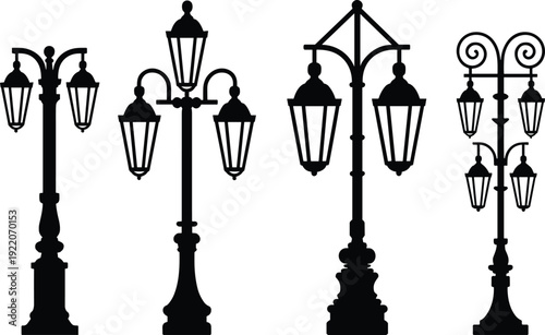 Vintage street lamp silhouettes collection, classic ornamental lamp posts isolated on white background, urban lighting design vector illustration set