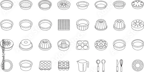 Collection of baking pans molds and utensils line pie dish tart pan