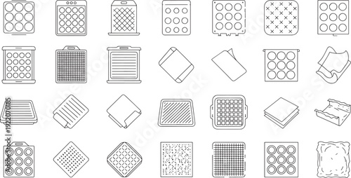 Collection of baking pans muffin tins and cooling racks line