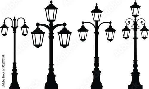 Vintage street lamp silhouettes collection, ornamental lantern posts with classic decorative designs isolated on white background, urban lighting vector illustration