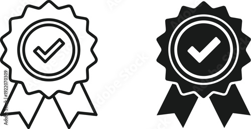 Two black and white ribbon award seals featuring checkmarks symbolize verified quality assurance or official confirmation symbols.