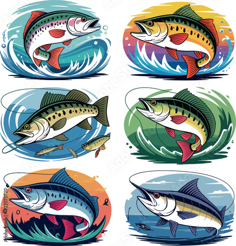 Vintage fishing badges collection featuring jumping salmon trout and marlin on water