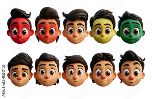 A set of cartoon character faces with different emotions and skin tones