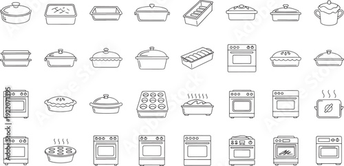 Collection of line depicting baking dishes ovens and pies casserole dish roasting pan