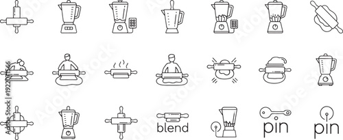 Collection of line for blenders and rolling pins with people line cooking baking kitchen