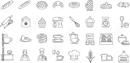 Collection of line representing bakery and baking tools bread croissant donut