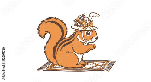 Squirrel on a mat wearing a floral hat with feather charm