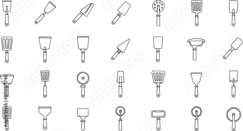 Collection of outline kitchen utensil including spatulas and pizza cutters cooking baking